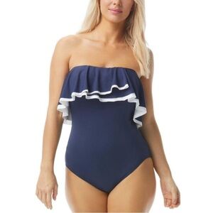 Contours Coco Reef Agate Ruffle Bandeau Bra Sized 1 Piece Swimsuit 12/36C blue